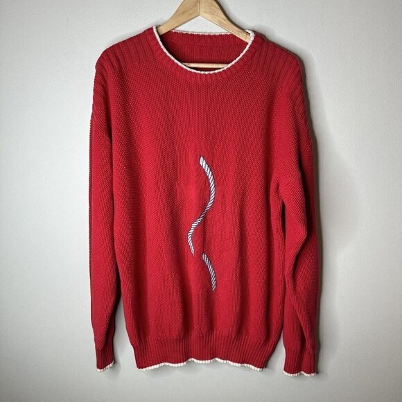 Vintage Men's Knitted Crew Neck Sweater XL Red Cotton Blend Nautical Anchor Rope - Picture 1 of 8